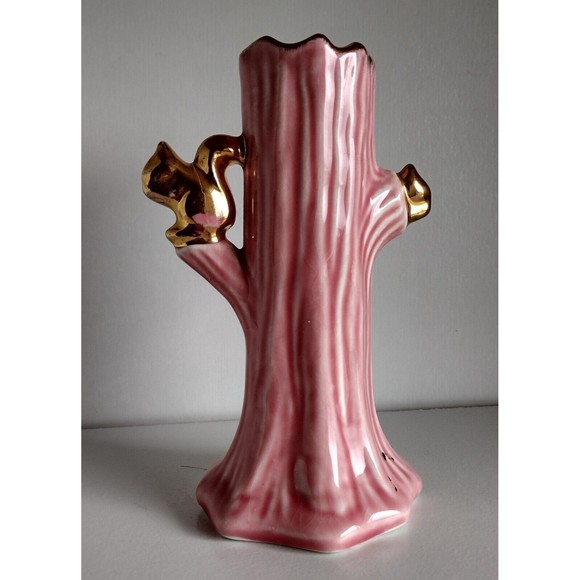 Pink Ceramic Tree Trunk 22K Gold Trim Squirrel & Leaf Design Flower Bud Vase - Picture 2 of 6